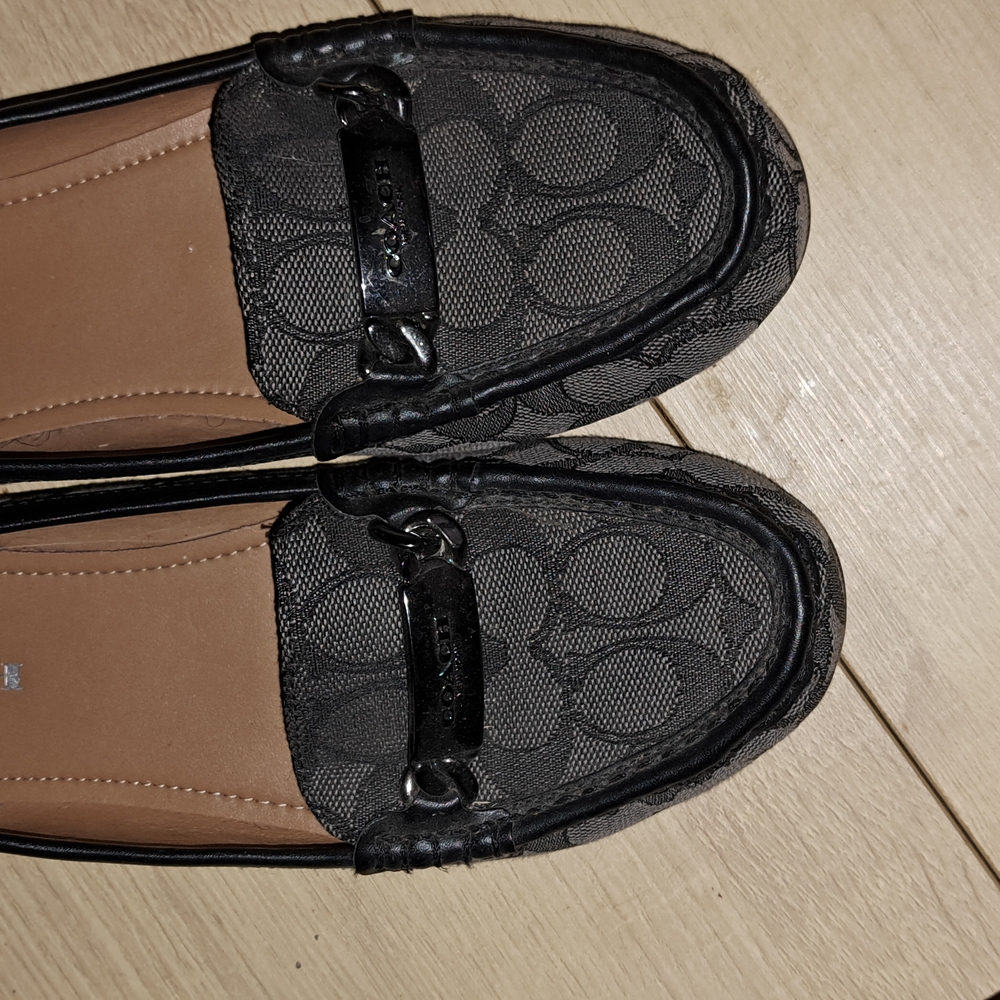 Coach Black Flats with Glossy Strap and Patterned Design